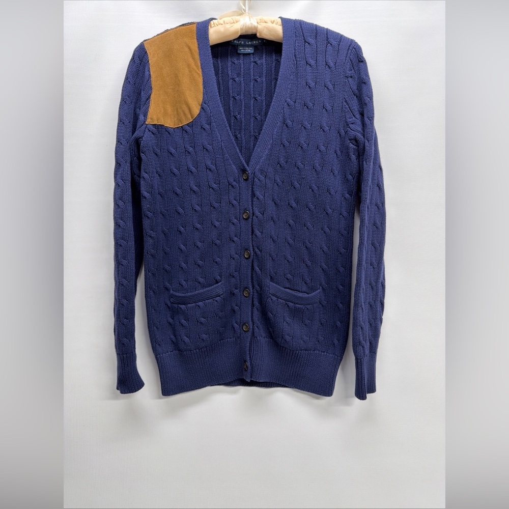VTG Ralph Lauren Sweater Womens Cardigan Cable Knit Shoulder Patch‎ Blue Sz M